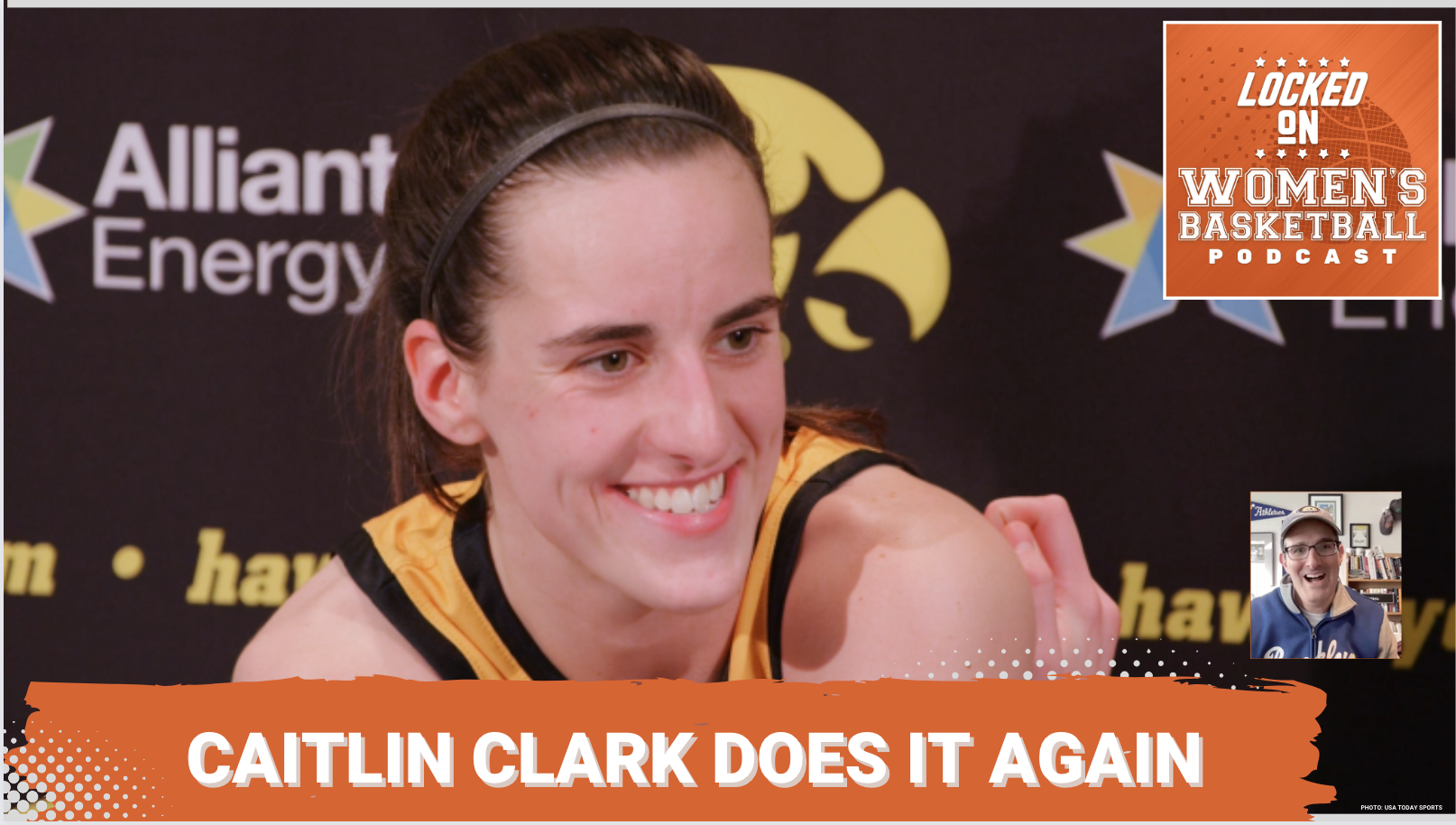 Graphic with a photo of Iowa guard Caitlin Clark. Text overlay reads "Caitlin Clark does it again." There is a Locked On Women's Basketball logo in the upper right corner.